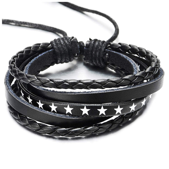 COOLSTEELANDBEYOND Hand-Made Multi-Strand Black Braided Leather with White Star Wristband Wrap Bracelet, for Men Women - coolsteelandbeyond