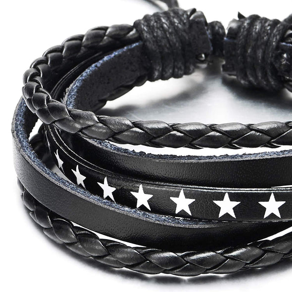 COOLSTEELANDBEYOND Hand-Made Multi-Strand Black Braided Leather with White Star Wristband Wrap Bracelet, for Men Women - coolsteelandbeyond