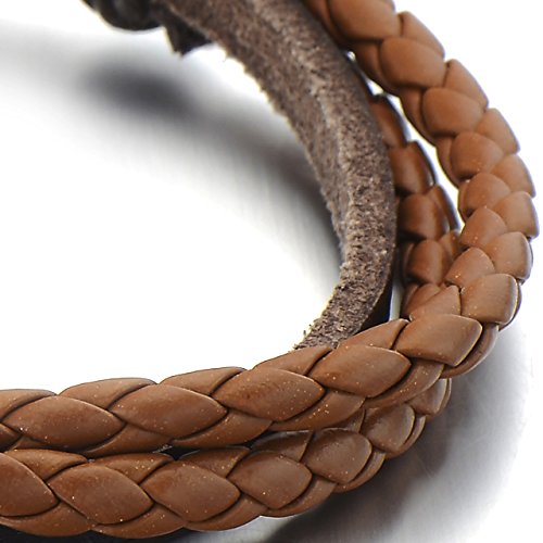 Hand-Made Multi-Strand Brown Braided Leather Bracelet for Men Women Leather Wristband Wrap Bracelet - COOLSTEELANDBEYOND Jewelry