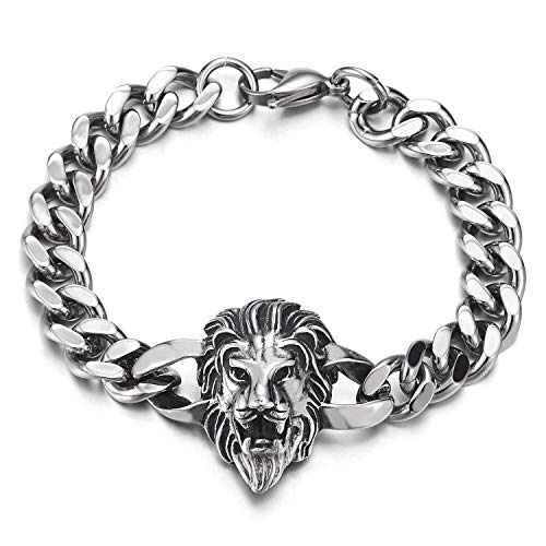 Mens Steel Lion Head Motorcycle Bike Chain Black Braided Leather Bangle Bracelet Magnetic Clasp