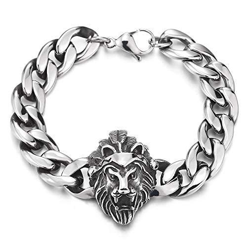 COOLSTEELANDBEYOND Heavy and Study Mens Stainless Steel King of Lion Skull Curb Chain Bracelet, Polished, Rock Biker - coolsteelandbeyond