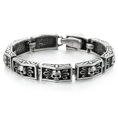 Heavy and Study Mens Stainless Steel Wing Skull Link Bracelet Silver Black Polished, Biker Gothic - COOLSTEELANDBEYOND Jewelry