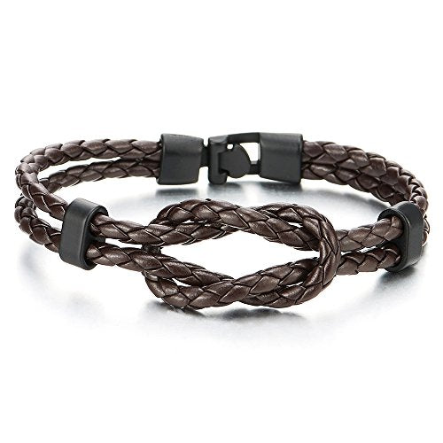 COOLSTEELANDBEYOND Infinity Knot Bangle Brown Braided Two-Row Leather Bracelet for Men Women Wristband with Black Charm - coolsteelandbeyond