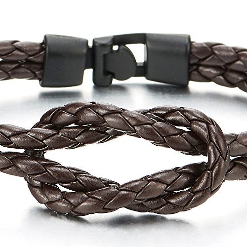 COOLSTEELANDBEYOND Infinity Knot Bangle Brown Braided Two-Row Leather Bracelet for Men Women Wristband with Black Charm - coolsteelandbeyond