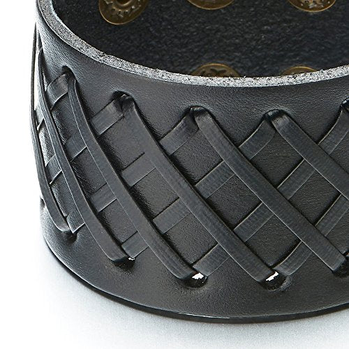 COOLSTEELANDBEYOND Interwoven Wide Leather Bracelet for Men Blace Genuine Leather Wristband - coolsteelandbeyond