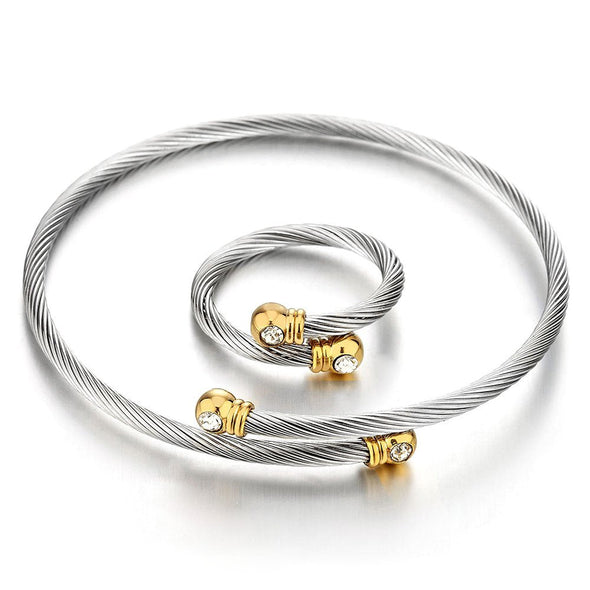 COOLSTEELANDBEYOND Ladies Elastic Adjustable Steel Twisted Cable Bangle Bracelet and Ring with Cubic Zirconia - coolsteelandbeyond