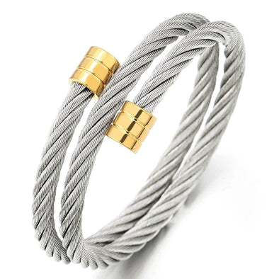 Ladies Mens Silver Gold Two-Lap Steel Cuff Bangle Bracelet Elastic Adjustable - COOLSTEELANDBEYOND Jewelry