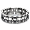 Large Silver Steel Motorcycle Bike Chain Bracelet Embedded with Black PU Rubber for Men, High Polished - COOLSTEELANDBEYOND Jewelry