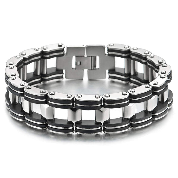 Large Silver Steel Motorcycle Bike Chain Bracelet Embedded with Black PU Rubber for Men, High Polished - COOLSTEELANDBEYOND Jewelry