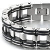 Large Silver Steel Motorcycle Bike Chain Bracelet Embedded with Black PU Rubber for Men, High Polished - COOLSTEELANDBEYOND Jewelry