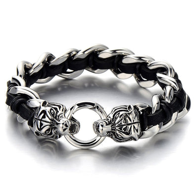 COOLSTEELANDBEYOND Large Stainless Steel Mens Roaring Tiger Braided Curb Chain Bracelet with Black Leather Retro Style - coolsteelandbeyond