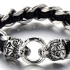 COOLSTEELANDBEYOND Large Stainless Steel Mens Roaring Tiger Braided Curb Chain Bracelet with Black Leather Retro Style - coolsteelandbeyond