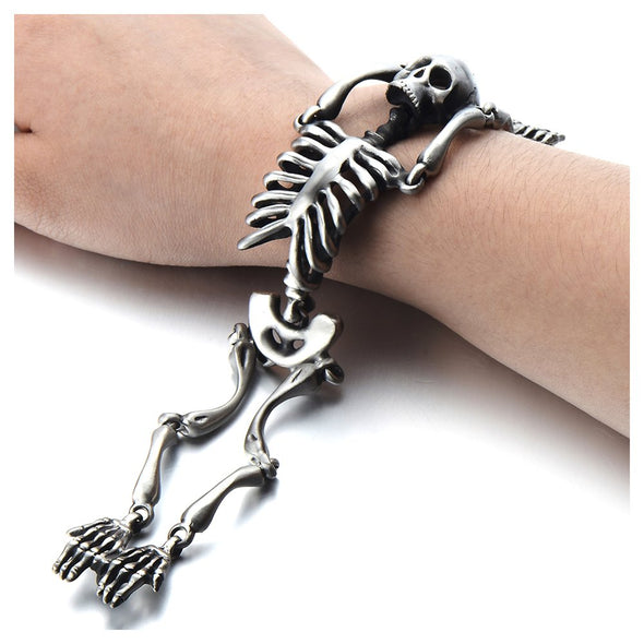 COOLSTEELANDBEYOND Large Stainless Steel Skull Skeleton Bracelet for Men for Gothic Punk Old Used Metal Treatment - coolsteelandbeyond