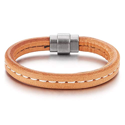 COOLSTEELANDBEYOND Light Brown Leather Bangle Bracelet for Mens Womens Genuine Leather Wristband with Magnetic Clasp - coolsteelandbeyond