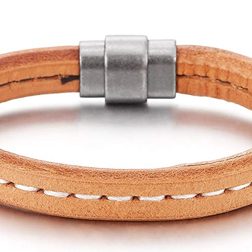 COOLSTEELANDBEYOND Light Brown Leather Bangle Bracelet for Mens Womens Genuine Leather Wristband with Magnetic Clasp - coolsteelandbeyond