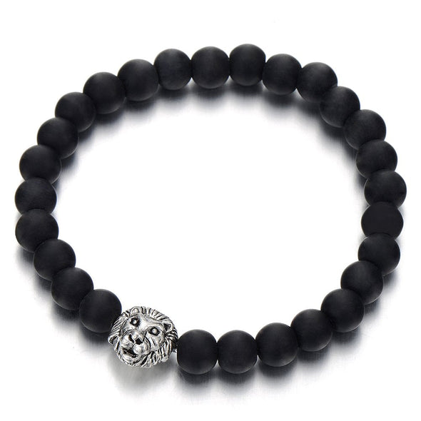 Lion Head Mens 8MM Black Onyx Beads Bangle Link Bracelet, Prayer Mala - COOLSTEELANDBEYOND Jewelry