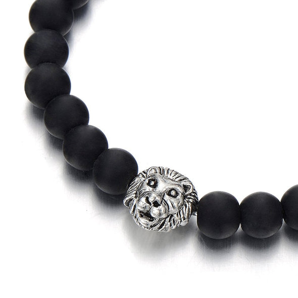 Lion Head Mens 8MM Black Onyx Beads Bangle Link Bracelet, Prayer Mala - COOLSTEELANDBEYOND Jewelry