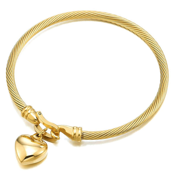 Lovely Puff Heart Charm Bangle Bracelet for Women Steel Gold Color Hook Closure - COOLSTEELANDBEYOND Jewelry