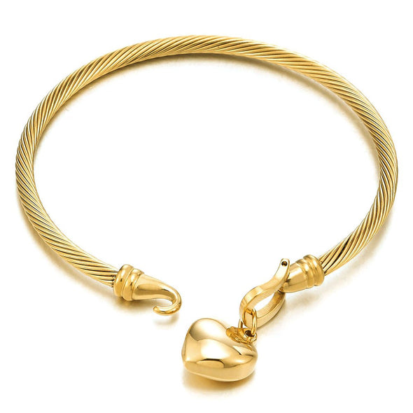 Lovely Puff Heart Charm Bangle Bracelet for Women Steel Gold Color Hook Closure - COOLSTEELANDBEYOND Jewelry