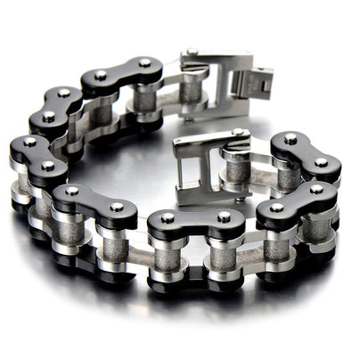 Masculine Bike Chain Bracelet for Men, Stainless Steel in Silver and Black Two-Tone, Polished and Satin Finish, Ideal for Adding Edge to Casual Outfits or Biker-Themed Events - COOLSTEELANDBEYOND Jewelry
