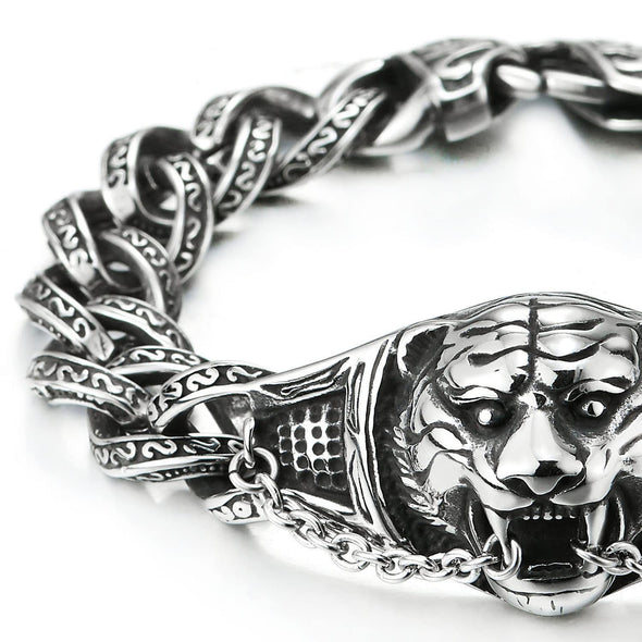 Masculine Mens Stainless Steel Roaring Tiger Fancy Curb Chain Bracelet, Polished, Rock Biker - COOLSTEELANDBEYOND Jewelry