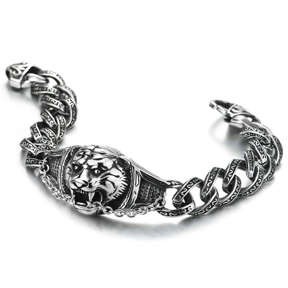 Masculine Mens Stainless Steel Roaring Tiger Fancy Curb Chain Bracelet, Polished, Rock Biker - COOLSTEELANDBEYOND Jewelry