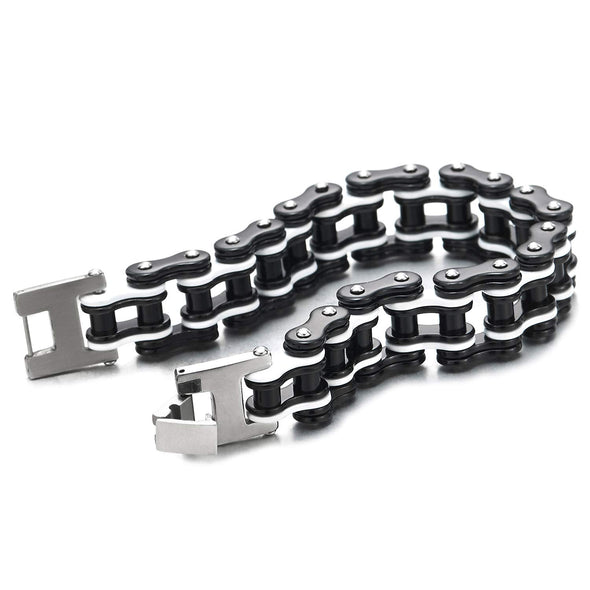 COOLSTEELANDBEYOND Masculine Mens Stainless Steel White Black Bike Chain Bracelet with Buckle Clasp, Polished - coolsteelandbeyond