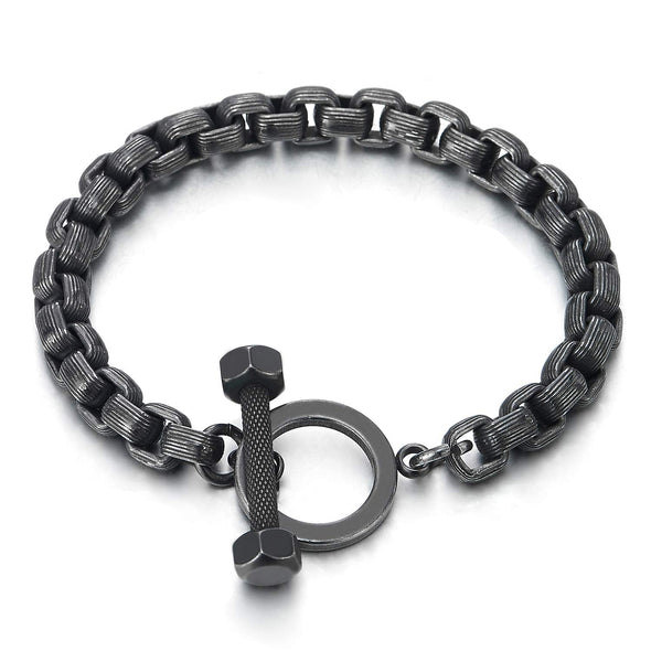 COOLSTEELANDBEYOND Masculine Mens Steel Stripes Link Chain Bracelet with Barbell Hook Clasp, Old Metal Finishing - coolsteelandbeyond