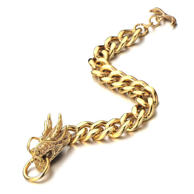 COOLSTEELANDBEYOND Masculine Style Mens Gold Dragon Curb Chain Bracelet of Stainless Steel Polished with Toggle Clasp - coolsteelandbeyond