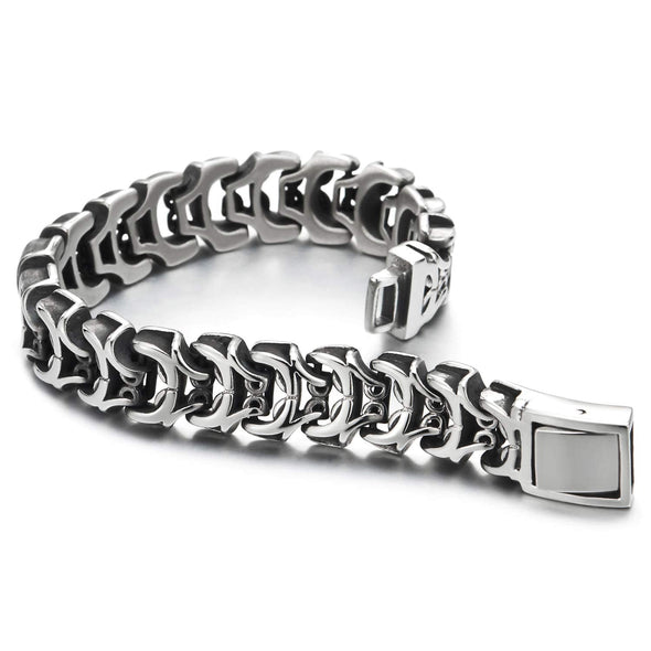 COOLSTEELANDBEYOND Masculine Style, Mens Vintage Mechanic Link Chain Bracelet with Box Spring Clasp Stainless Steel - coolsteelandbeyond