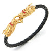 Men Black Braided Leather Wristband Bangle Bracelet with Steel Gold Dragon Spring Ring Clasp, Red CZ - COOLSTEELANDBEYOND Jewelry