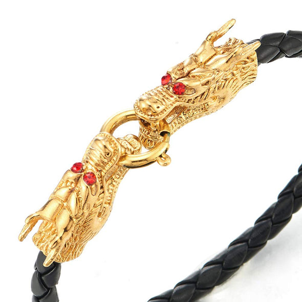 Men Black Braided Leather Wristband Bangle Bracelet with Steel Gold Dragon Spring Ring Clasp, Red CZ - COOLSTEELANDBEYOND Jewelry