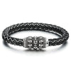 COOLSTEELANDBEYOND Men Black Leather Braided White Cotton Thread Bangle Bracelet with Steel Skull Charm, Magnetic Clasp - coolsteelandbeyond