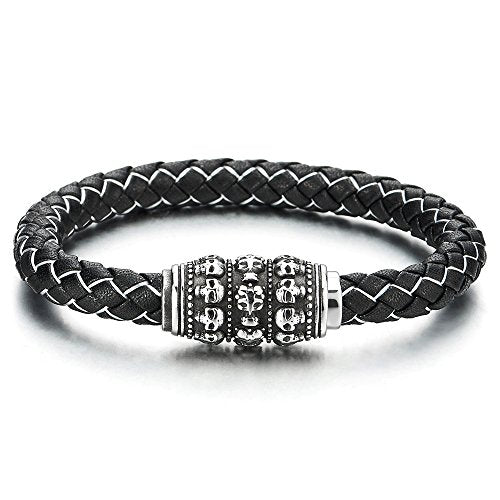 COOLSTEELANDBEYOND Men Black Leather Braided White Cotton Thread Bangle Bracelet with Steel Skull Charm, Magnetic Clasp - coolsteelandbeyond