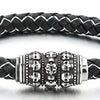 COOLSTEELANDBEYOND Men Black Leather Braided White Cotton Thread Bangle Bracelet with Steel Skull Charm, Magnetic Clasp - coolsteelandbeyond