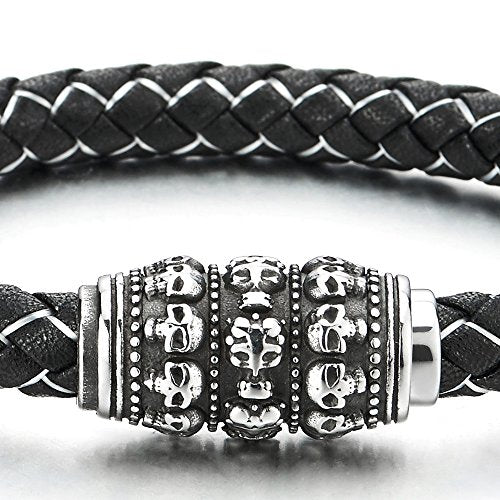 COOLSTEELANDBEYOND Men Black Leather Braided White Cotton Thread Bangle Bracelet with Steel Skull Charm, Magnetic Clasp - coolsteelandbeyond