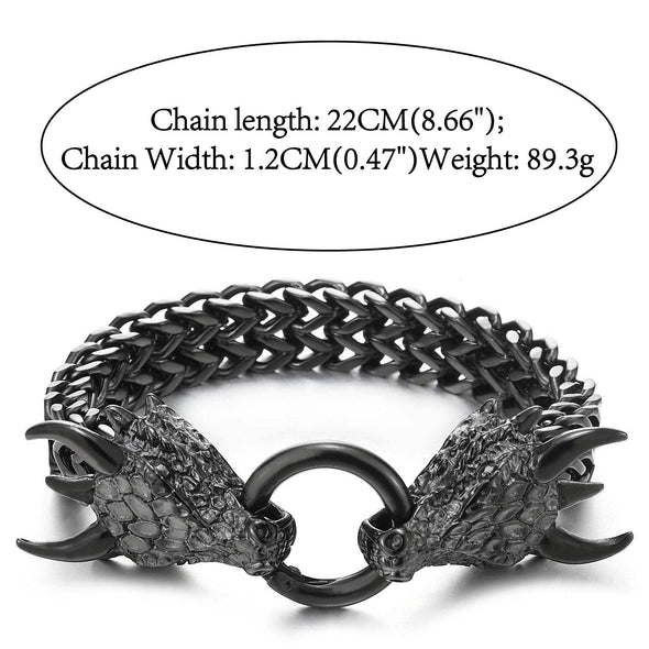 Men Black Steel Square Franco Chain Curb Chain Bracelet Dragon Head Scales Spiked Horn, Ring Clasp - COOLSTEELANDBEYOND Jewelry