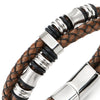 Men Double-Row Rough Rusty Brown Braided Leather Bracelet Bangle Wristband, Silver Steel Ornament - COOLSTEELANDBEYOND Jewelry