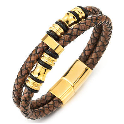 Men Double-Row Rough Rusty Brown Braided Leather Bracelet Bangle Wristband with Gold Steel Ornament - COOLSTEELANDBEYOND Jewelry