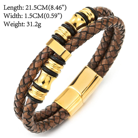 Men Double-Row Rough Rusty Brown Braided Leather Bracelet Bangle Wristband with Gold Steel Ornament - COOLSTEELANDBEYOND Jewelry