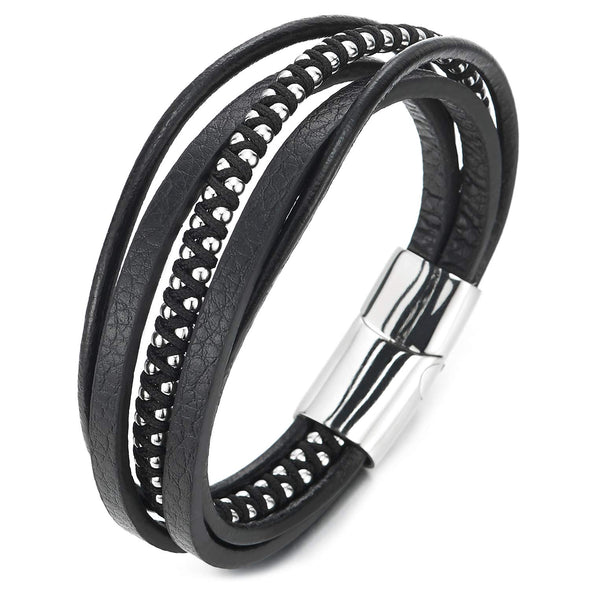 COOLSTEELANDBEYOND Men Ladies Multi-Strand Black Leather Cotton Rope Braided Steel Chain Bracelet with Magnetic Clasp - coolsteelandbeyond