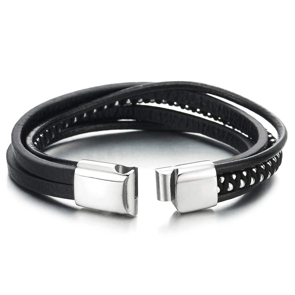 COOLSTEELANDBEYOND Men Ladies Multi-Strand Black Leather Cotton Rope Braided Steel Chain Bracelet with Magnetic Clasp - coolsteelandbeyond