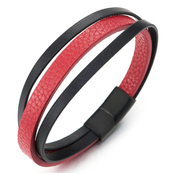 Men Ladies Three-Strand Black Red Leather Bracelet Wrap Wristband with Magnetic Clasp - COOLSTEELANDBEYOND Jewelry