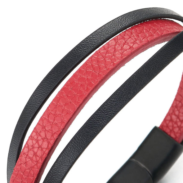 Men Ladies Three-Strand Black Red Leather Bracelet Wrap Wristband with Magnetic Clasp - COOLSTEELANDBEYOND Jewelry