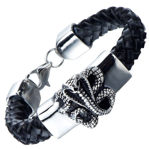 COOLSTEELANDBEYOND Men’s Biker Leather Bracelet with Stainless Steel Gothic Snake and Braided Leather Straps 8 Inches - coolsteelandbeyond