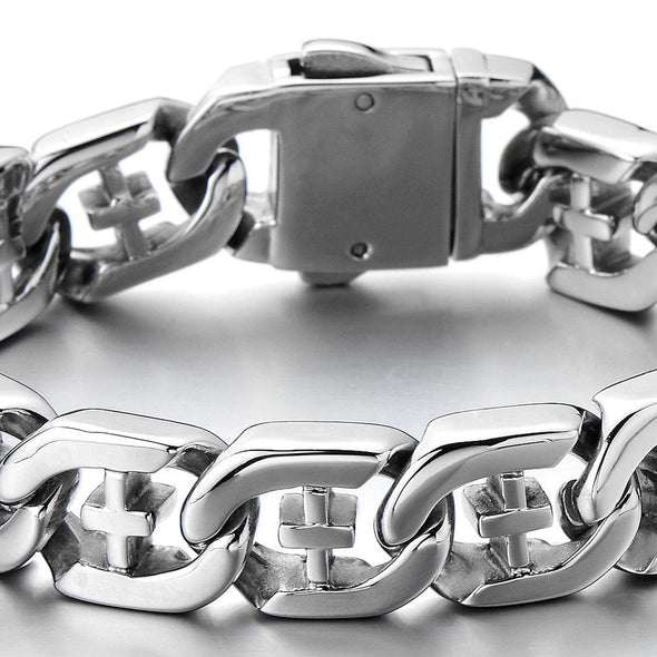 Men's Stainless Steel Curb Chain Bracelet with Cross Silver Color High Polished
