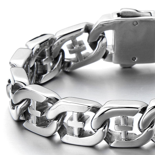 Men's Stainless Steel Curb Chain Bracelet with Cross Silver Color High Polished