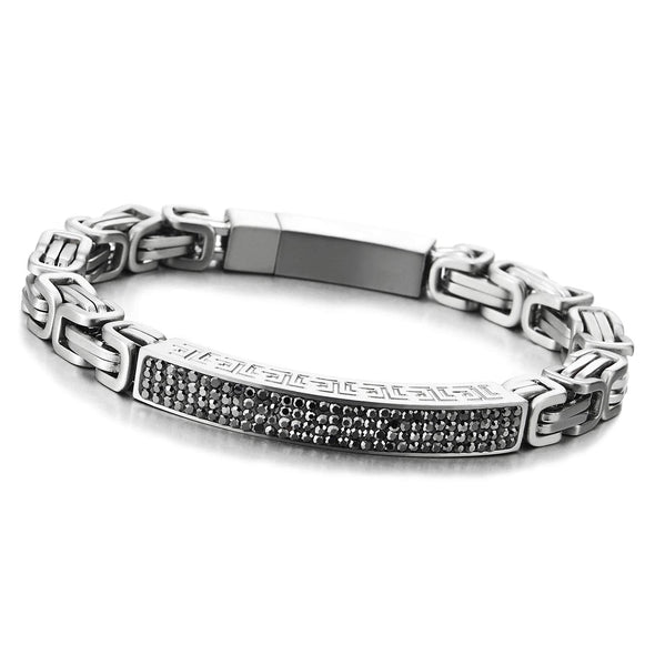 COOLSTEELANDBEYOND Men Steel Byzantine Link Chain Bracelet, ID Identification with Grey CZ and Greek Key Pattern Unique - coolsteelandbeyond