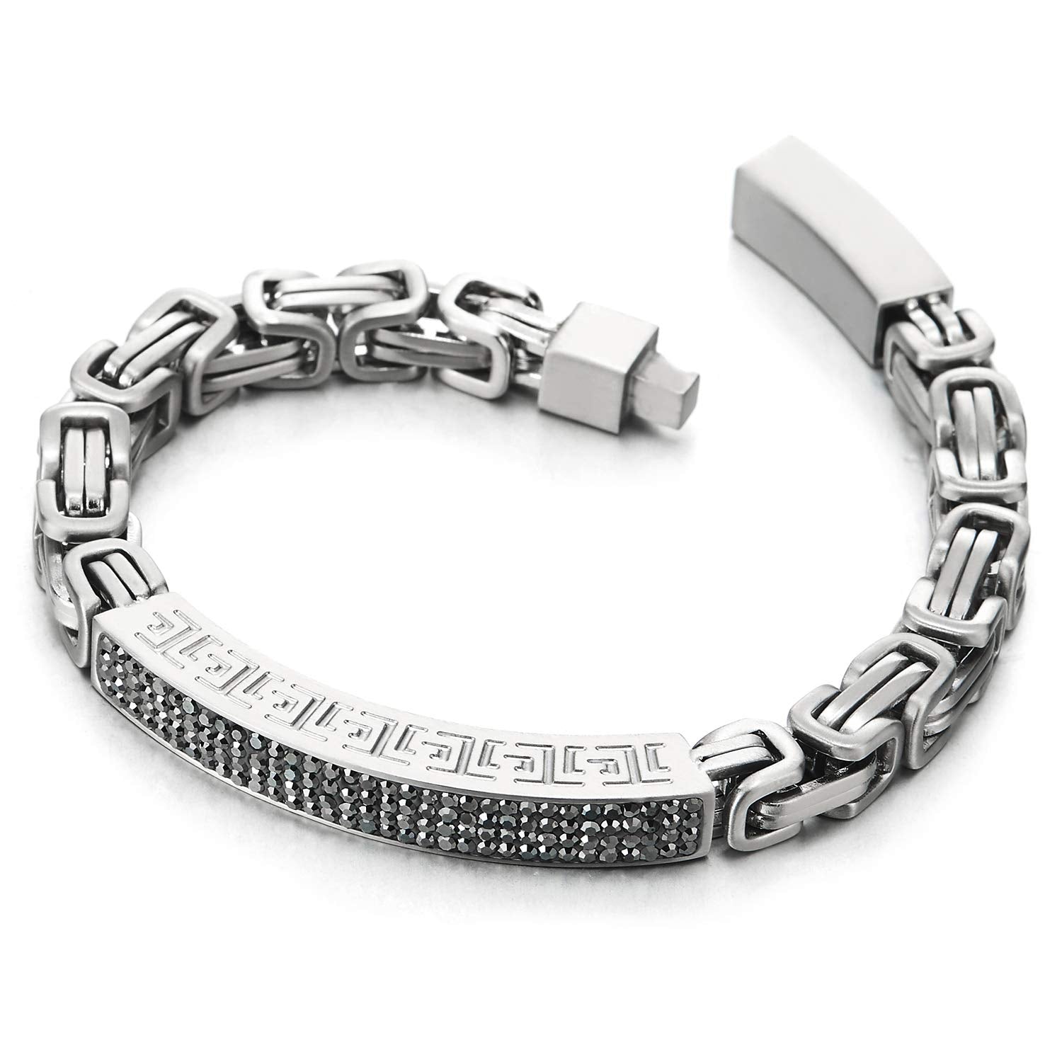 Men Steel Byzantine Link Chain Bracelet, ID Identification with Grey CZ ...