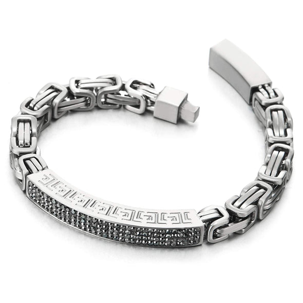 COOLSTEELANDBEYOND Men Steel Byzantine Link Chain Bracelet, ID Identification with Grey CZ and Greek Key Pattern Unique - coolsteelandbeyond